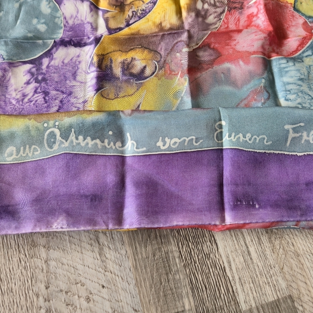 AUSTRIAN 100% Silk Scarf OS Hand Painted Abstract Watercolor Calligraphy - Picture 4 of 12